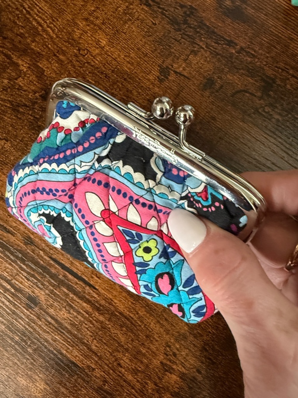 Vera Bradley Black Multi Quilted Paisley Coin Purse with Pink & Turquoise